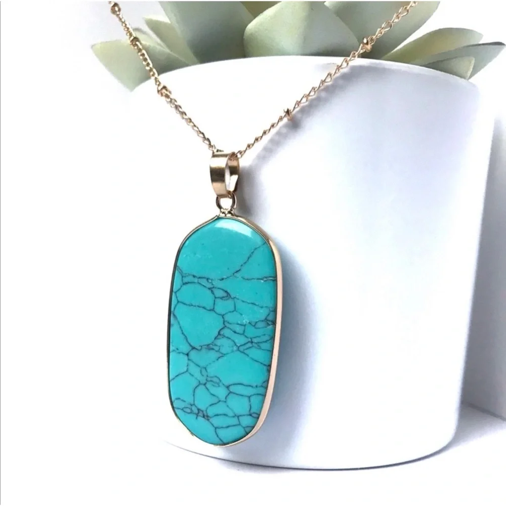 1 LEFT! Natural Turquoise Large Stone Pendant Long Women’s Western Boho Necklace - Picture 3 of 4